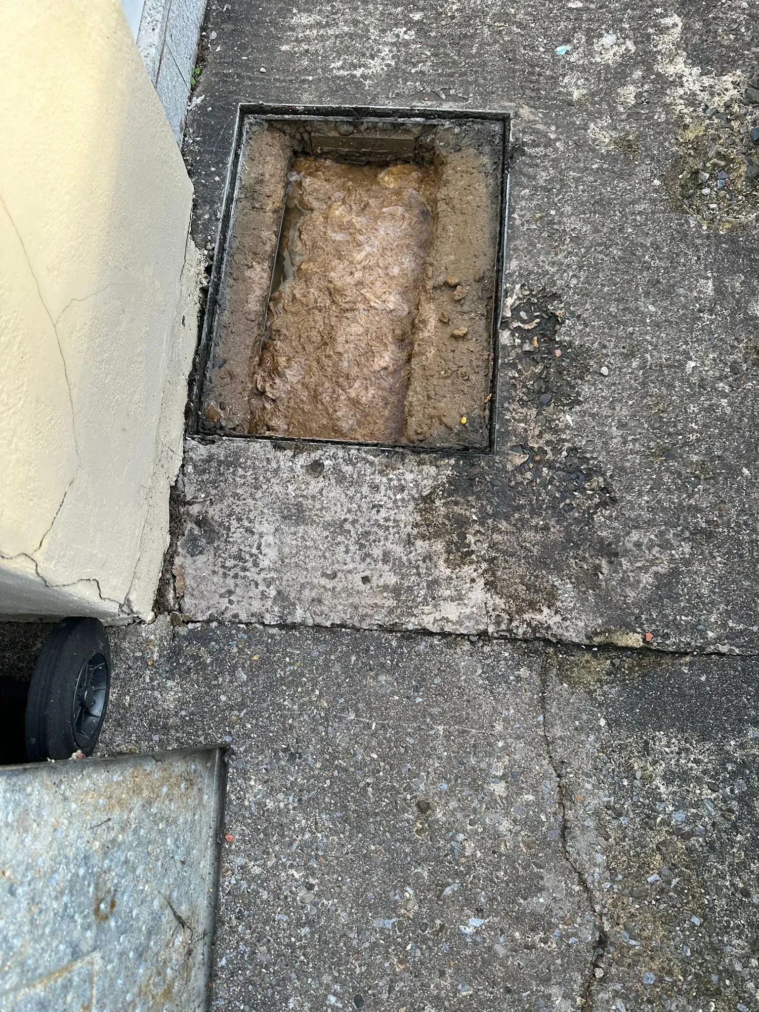 A severely blocked outdoor drain or gully filled with dirty water and sludge, indicating a drainage problem.